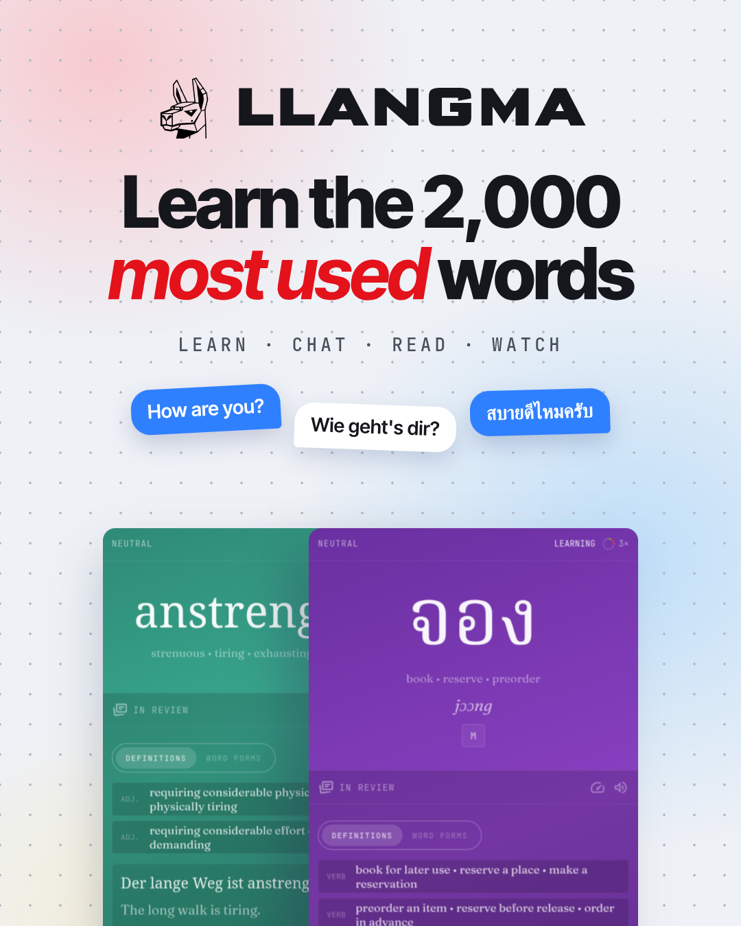 Llangma preview: learn the 2,000 most used words — vocabulary cards and chat bubbles.